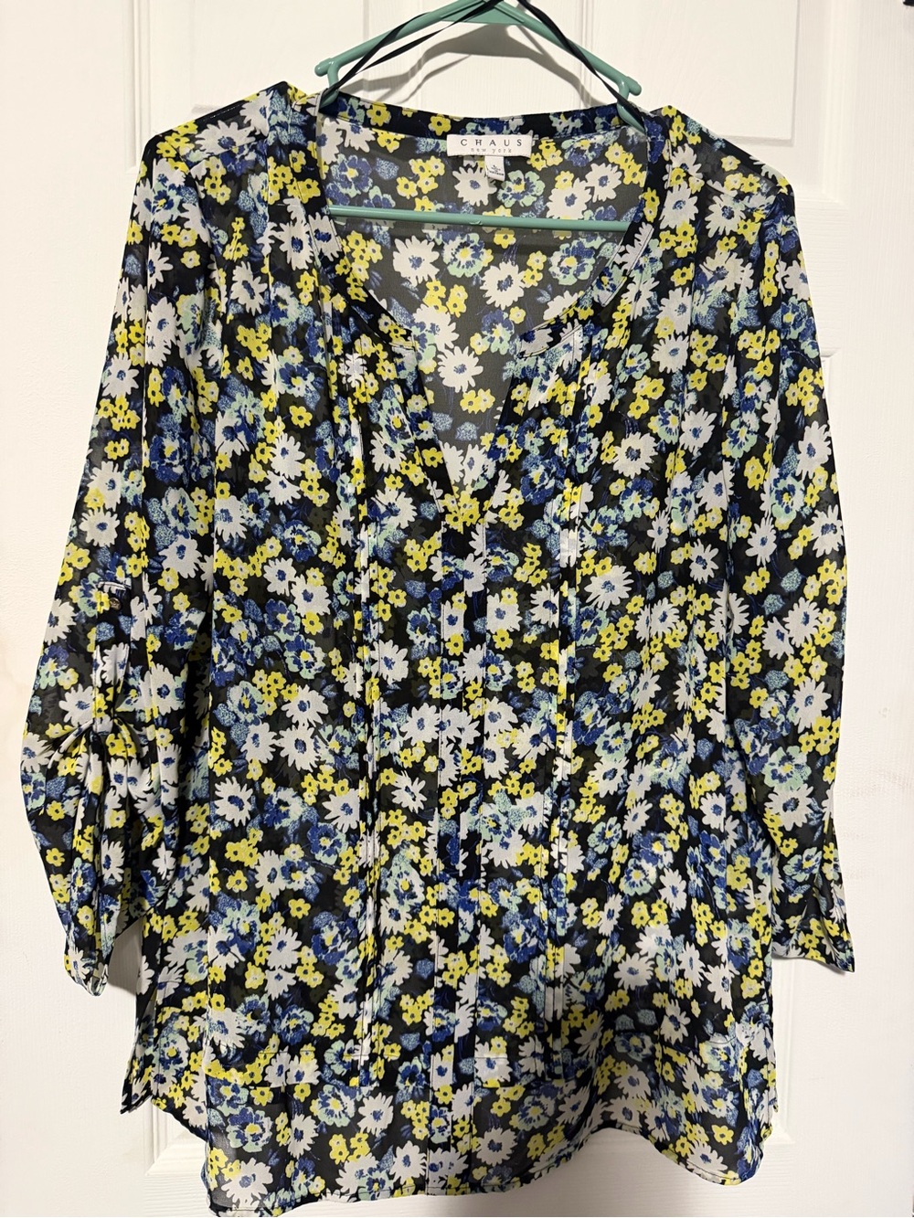 Chaus Black Floral Sheer V-Neck Blouse with Yellow & Blue Flowers